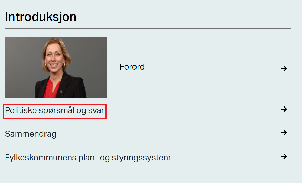 Skjermbilde av meny der teksten politiske spørsmål og svar har en rød ramme - Klikk for stort bilde