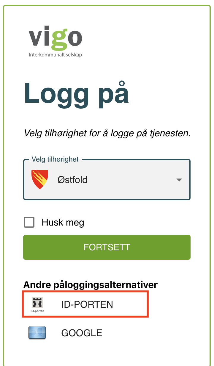 Velg tilhørighet Østfold og påloggingsalternativ Idporten - Klikk for stort bilde