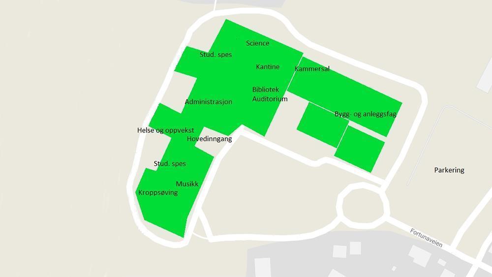 Planskisse i grønt over de ulike bygningsdelene - Klikk for stort bilde