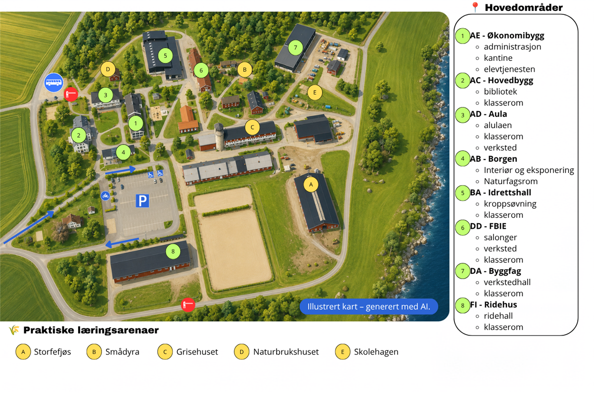 Illustrert oversiktskart over Kalnes videregående skole som viser plasseringen av skolens hovedbygg, praktiske læringsarenaer, parkering, bussholdeplass og gangveier. Kartet er laget for å hjelpe besøkende med å finne fram på skoleområdet. - Klikk for stort bilde