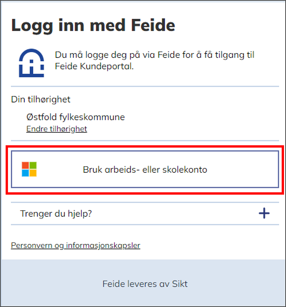 Skjermbilde av påloggingsvindu med rød markekering av teksten "Bruk arbeids- eller skolekonto» - Klikk for stort bilde